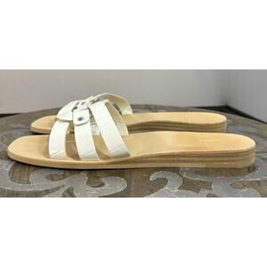 White Croc Embossed Leather Slide Sandals Minimalist Resort Euro Summer Chic 9.5